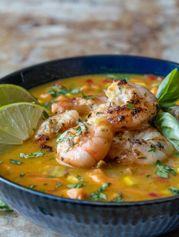 Curry Corn Chowder with Cilantro Lime Shrimp