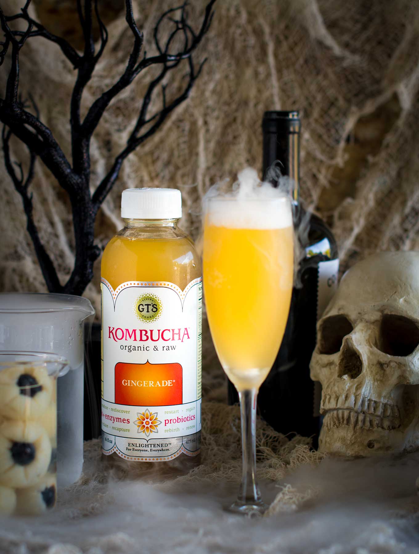 A sparkling halloween cocktail made with kombucha