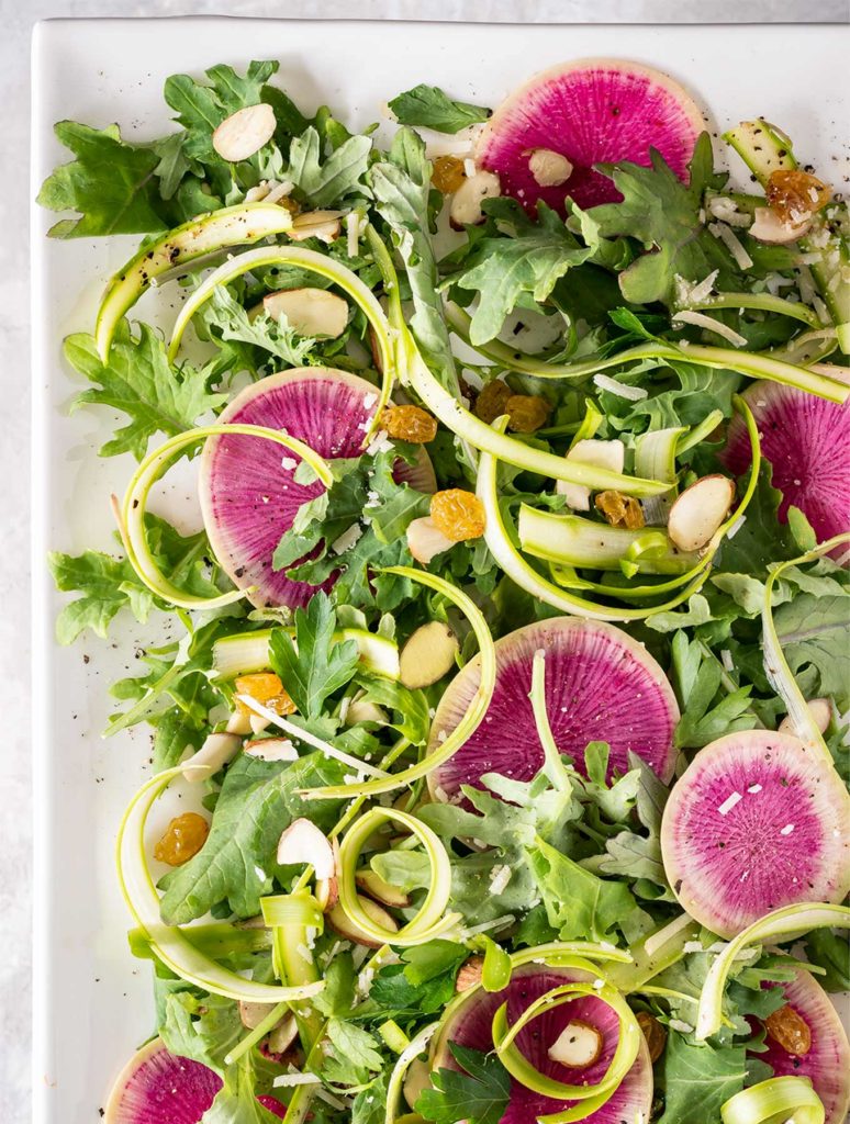 Shaved Asparagus & Watermelon Radish Salad with Lemon Basil Vinaigrette